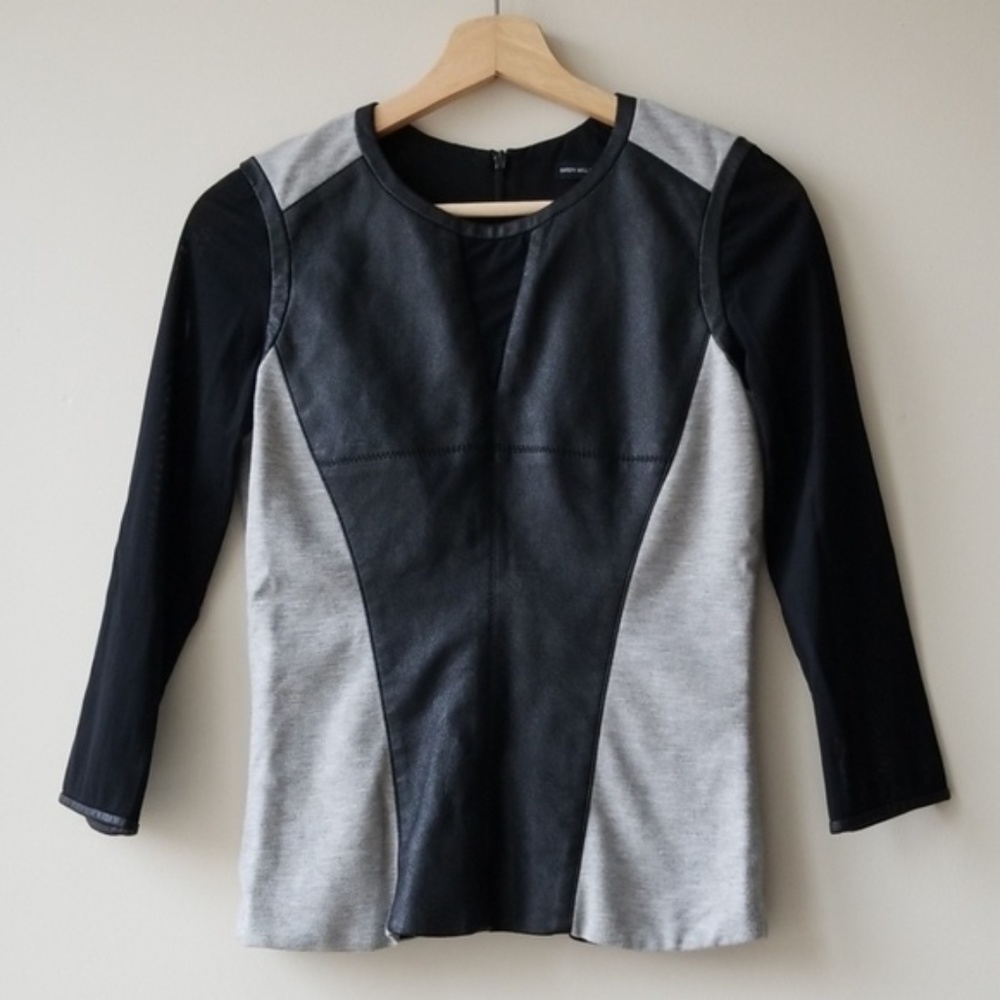 Karen Millen Faux Leather Mesh Sleeves Blouse Top